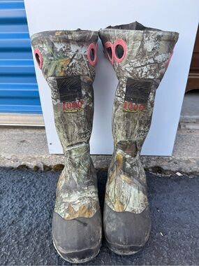 Itasca Camouflage Tall Waterproof Rain Boots with Pink Pull Handles